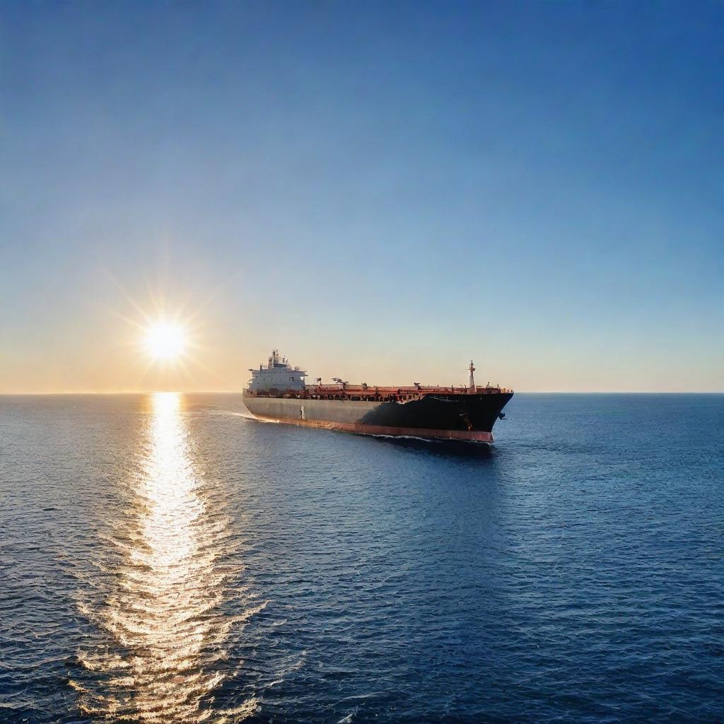 A majestic tanker ship cruising through the serene open ocean under a clear blue sky. The giant vessel, reflecting the sun's gentle rays, is filled with thousands of gallons of liquid cargo.