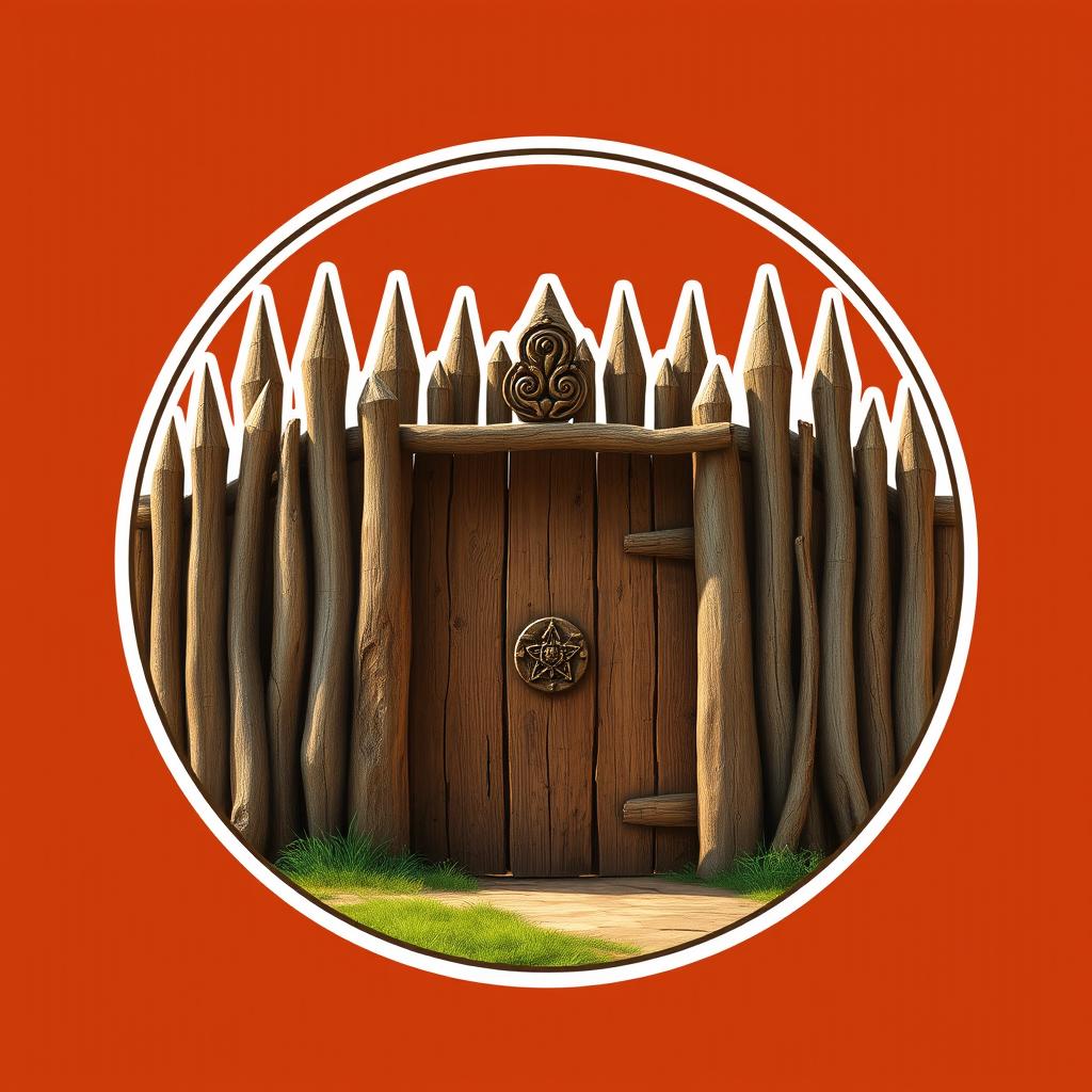 An emblem showcasing a medieval African civilization or kingdom, featuring a semirealistic wooden palisade that serves as a fortified enclosure