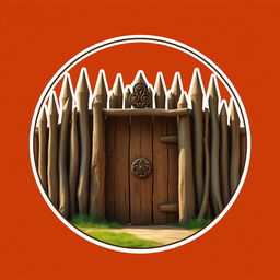 An emblem showcasing a medieval African civilization or kingdom, featuring a semirealistic wooden palisade that serves as a fortified enclosure