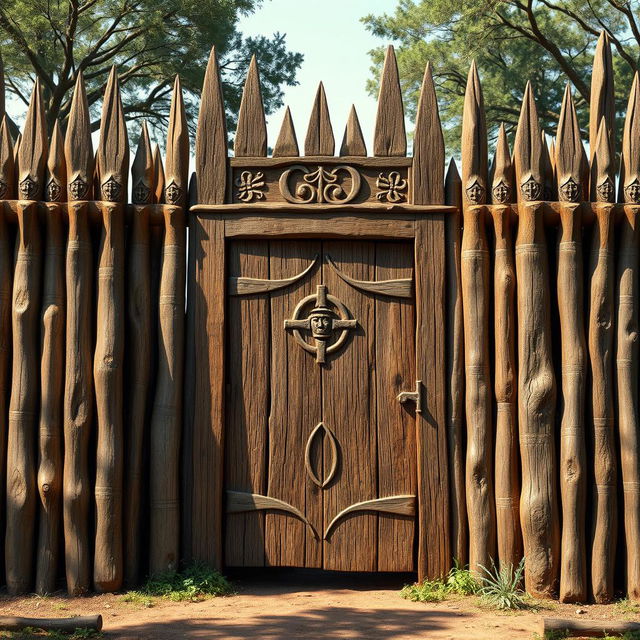 An emblem showcasing a medieval African civilization or kingdom, featuring a semirealistic wooden palisade that serves as a fortified enclosure