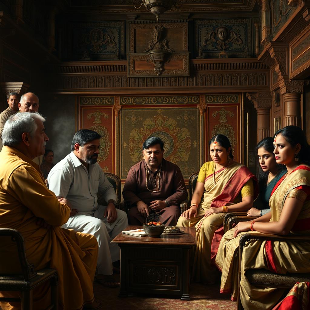 A professional setting in a historical Indian context, showcasing a diverse group of individuals engaged in a serious discussion that conveys angst and tension