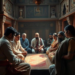 A professional setting in a historical Indian context, showcasing a diverse group of individuals engaged in a serious discussion that conveys angst and tension