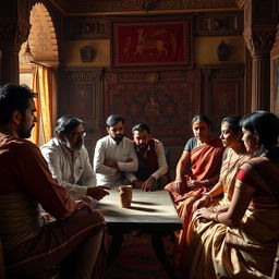 A professional setting in a historical Indian context, showcasing a diverse group of individuals engaged in a serious discussion that conveys angst and tension