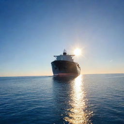 A majestic tanker ship cruising through the serene open ocean under a clear blue sky. The giant vessel, reflecting the sun's gentle rays, is filled with thousands of gallons of liquid cargo.