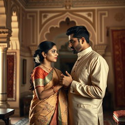 A poignant scene depicting a moment of intimacy between a professional Indian man and woman in a historical setting