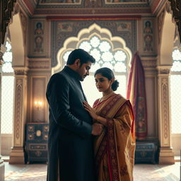 A poignant scene depicting a moment of intimacy between a professional Indian man and woman in a historical setting