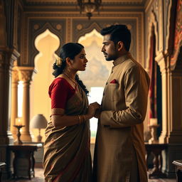 A poignant scene depicting a moment of intimacy between a professional Indian man and woman in a historical setting