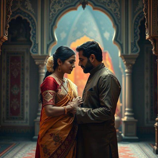 A poignant scene depicting a moment of intimacy between a professional Indian man and woman in a historical setting