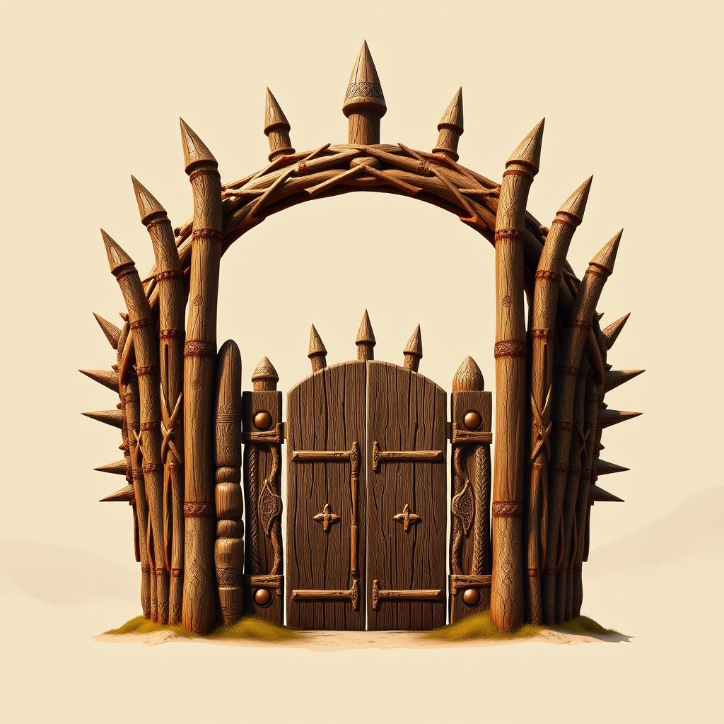 An emblem representing a medieval African civilization or kingdom, featuring a semirealistic wooden palisade designed to resemble a crown of thorns