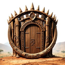 An emblem representing a medieval African civilization or kingdom, featuring a semirealistic wooden palisade designed to resemble a crown of thorns