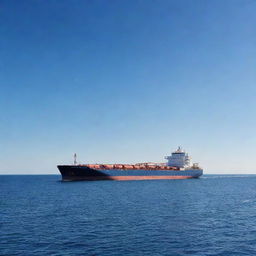 A majestic tanker ship cruising through the serene open ocean under a clear blue sky. The giant vessel, reflecting the sun's gentle rays, is filled with thousands of gallons of liquid cargo.