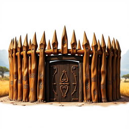 An emblem representing a medieval African civilization or kingdom, featuring a semirealistic wooden palisade designed to resemble a crown of thorns