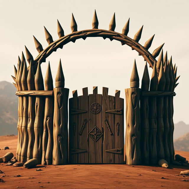 An emblem representing a medieval African civilization or kingdom, featuring a semirealistic wooden palisade designed to resemble a crown of thorns