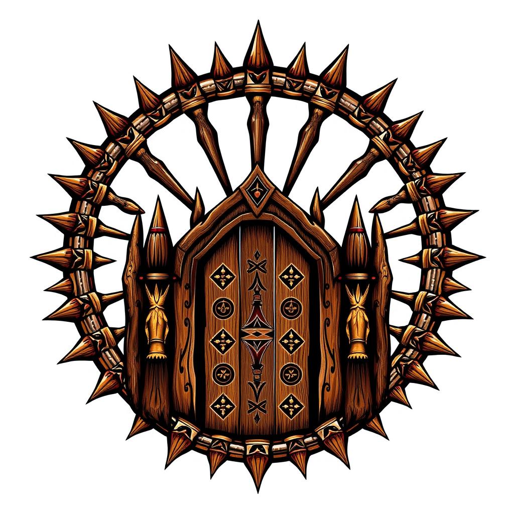 An emblem representing a medieval African civilization or kingdom, featuring a semirealistic wooden palisade that resembles a crown of thorns