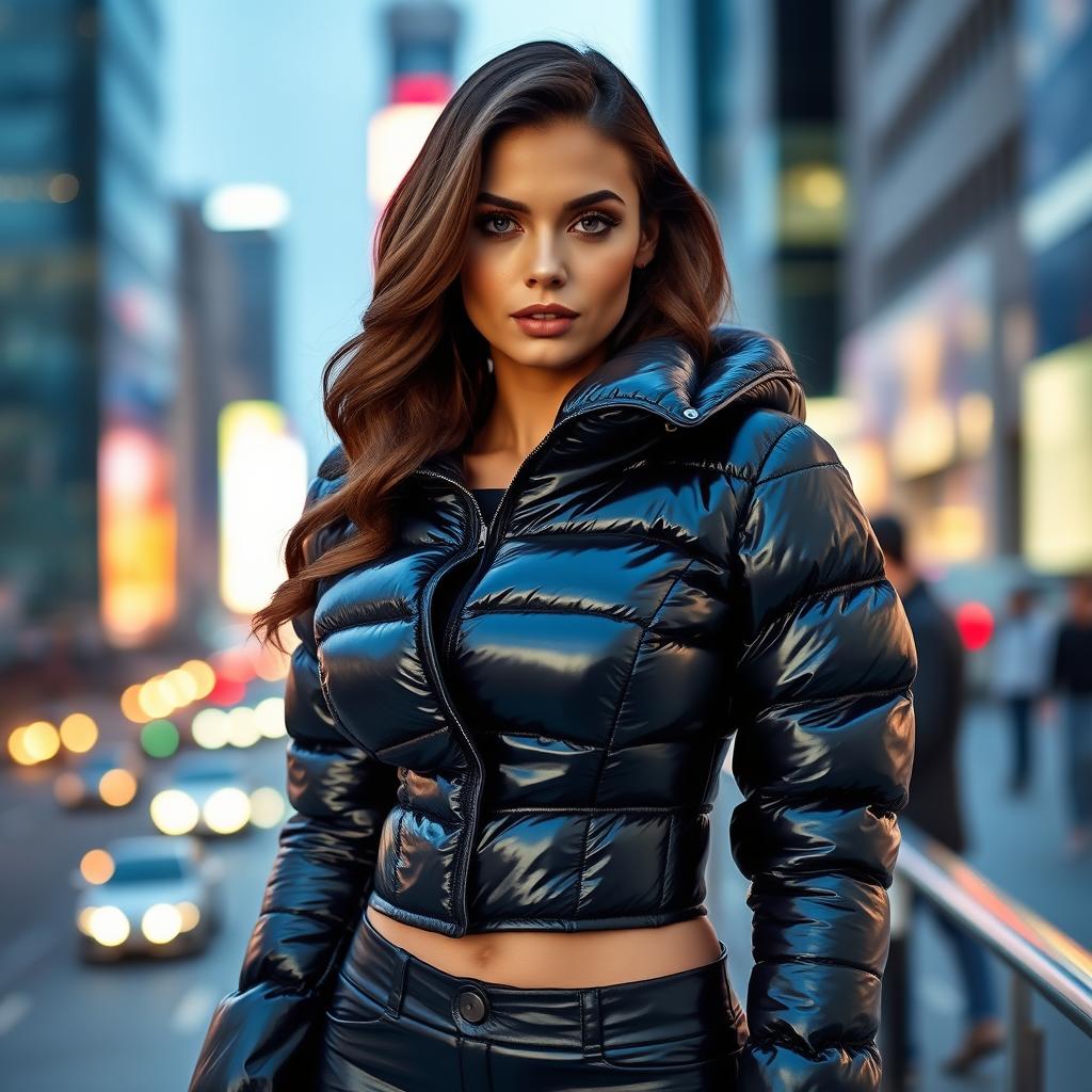 An alluring woman wearing a tight, shiny black puffer corset that accentuates her curves and showcases her fashionable style