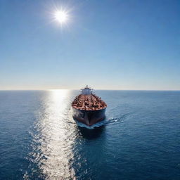 A majestic tanker ship cruising through the serene open ocean under a clear blue sky. The giant vessel, reflecting the sun's gentle rays, is filled with thousands of gallons of liquid cargo.