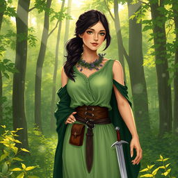 An illustration of a human herbalist standing in a vibrant green forest