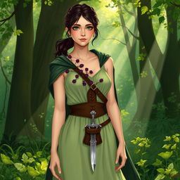 An illustration of a human herbalist standing in a vibrant green forest