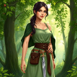 An illustration of a human herbalist standing in a vibrant green forest