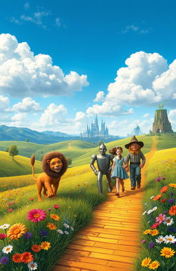 A fantasy landscape featuring a whimsical and vibrant interpretation of the Land of Oz, filled with lush green fields, colorful wildflowers, and cheerful creatures