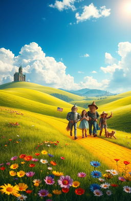 A fantasy landscape featuring a whimsical and vibrant interpretation of the Land of Oz, filled with lush green fields, colorful wildflowers, and cheerful creatures