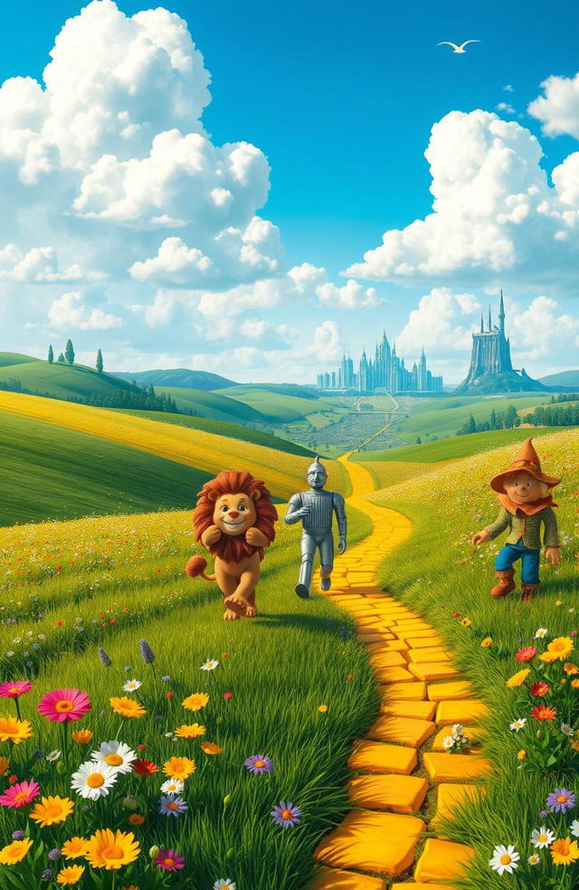 A fantasy landscape featuring a whimsical and vibrant interpretation of the Land of Oz, filled with lush green fields, colorful wildflowers, and cheerful creatures