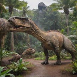 The tropical island, previously inhabited by dinosaurs and visited by a wealthy individual, is now transformed into a grand and thrilling Jurassic Park style attraction, complete with observation towers, enclosures, and running dinosaurs.