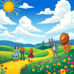 A whimsical and vibrant illustration of the adventures in the Land of Oz