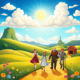 A whimsical and vibrant illustration of the adventures in the Land of Oz