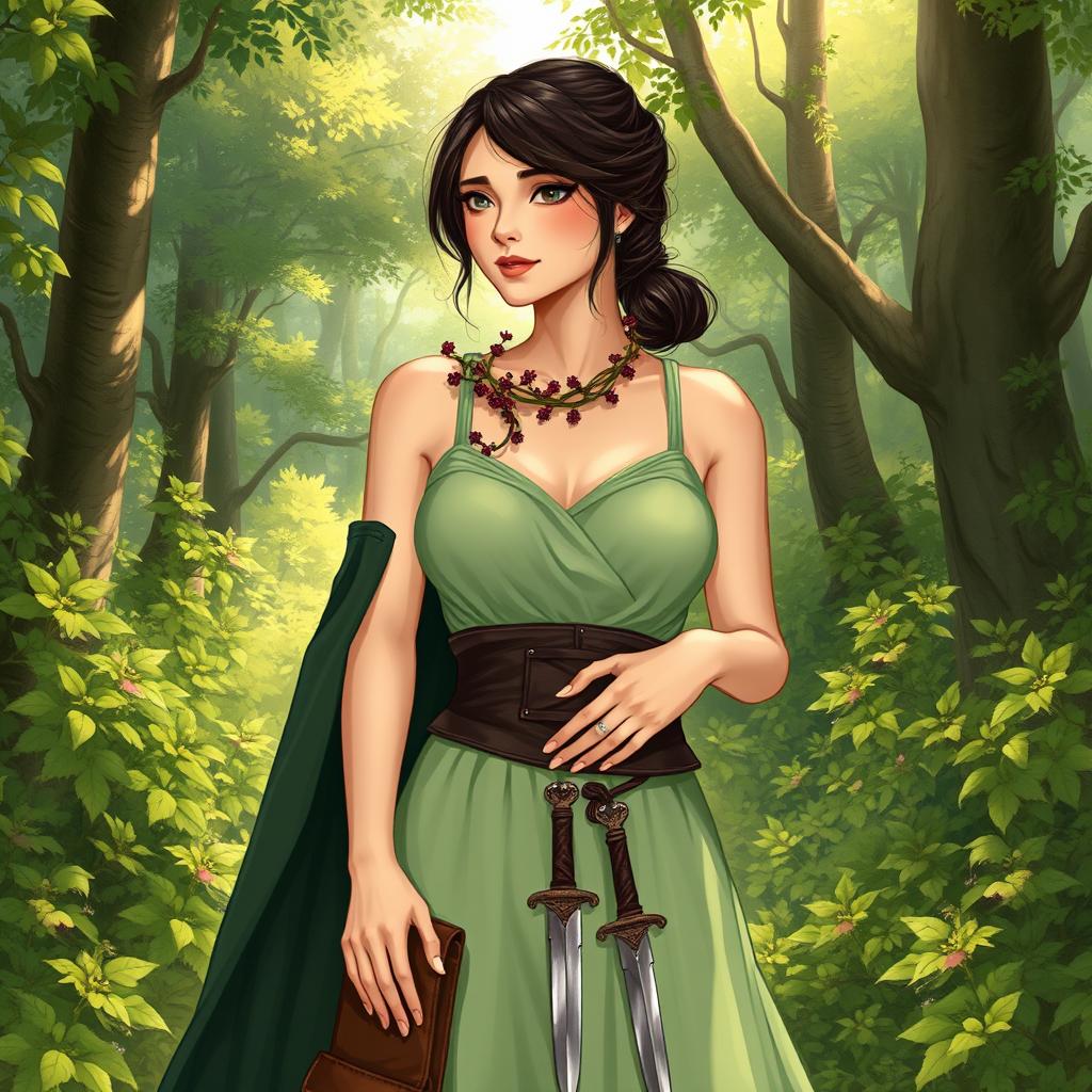 An enchanting illustration of a human herbalist standing gracefully in a lush, vibrant forest