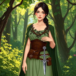 An enchanting illustration of a human herbalist standing gracefully in a lush, vibrant forest