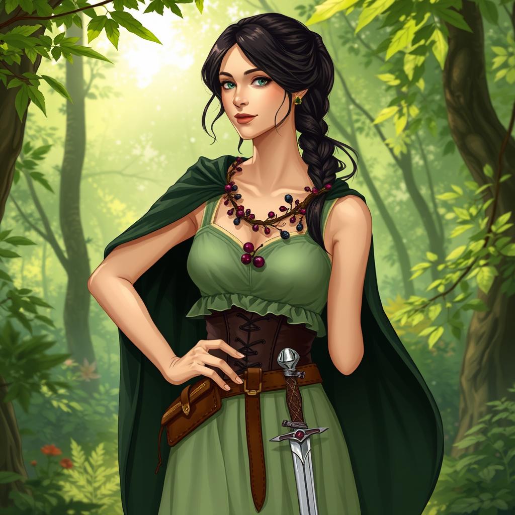 An enchanting illustration of a human herbalist standing gracefully in a lush, vibrant forest