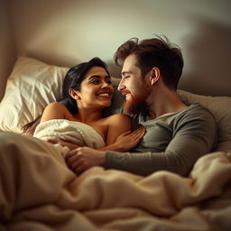 A cozy and intimate scene in a softly lit bedroom featuring a short Latina woman and a white man with an auburn beard