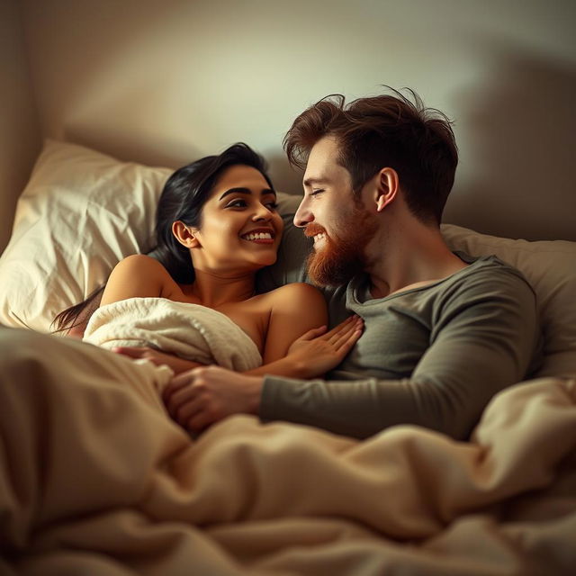 A cozy and intimate scene in a softly lit bedroom featuring a short Latina woman and a white man with an auburn beard