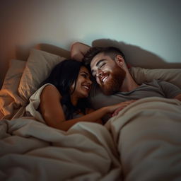 A cozy and intimate scene in a softly lit bedroom featuring a short Latina woman and a white man with an auburn beard