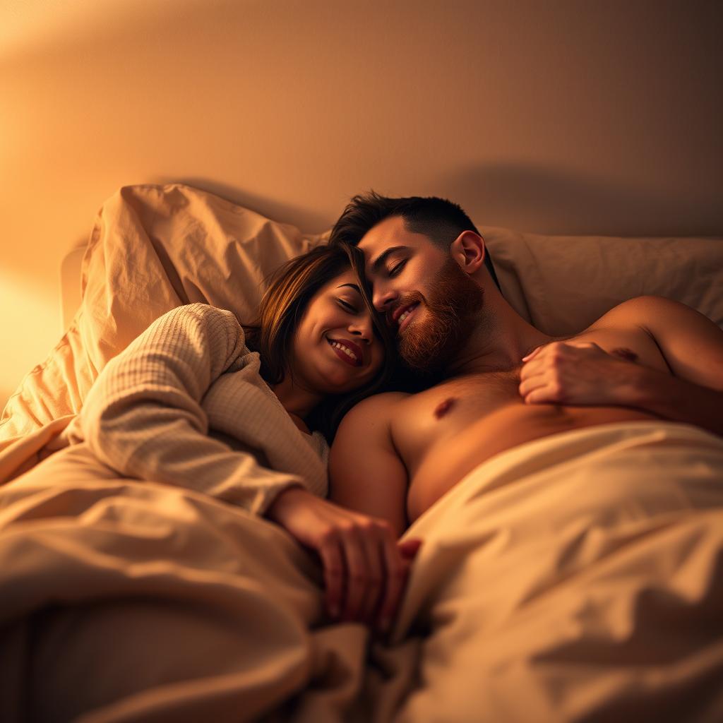 A cozy and intimate scene in a softly lit bedroom featuring a short Latina woman and a white man with an auburn beard