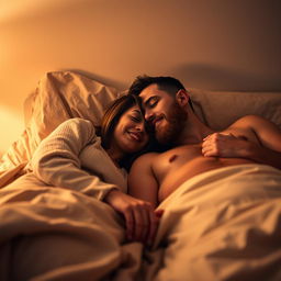 A cozy and intimate scene in a softly lit bedroom featuring a short Latina woman and a white man with an auburn beard