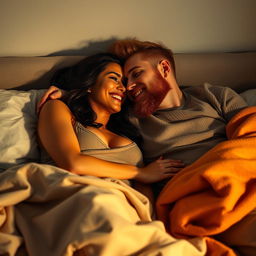 A cozy and intimate scene in a softly lit bedroom featuring a short Latina woman and a white man with an auburn beard