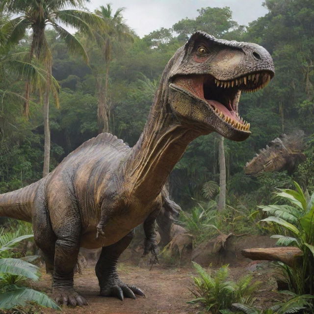 The tropical island, previously inhabited by dinosaurs and visited by a wealthy individual, is now transformed into a grand and thrilling Jurassic Park style attraction, complete with observation towers, enclosures, and running dinosaurs.