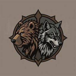 An emblem representing a medieval civilization or kingdom of savages, featuring the majestic head of a bear and the fierce head of a wolf, each looking in opposite directions