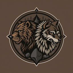 An emblem representing a medieval civilization or kingdom of savages, featuring the majestic head of a bear and the fierce head of a wolf, each looking in opposite directions