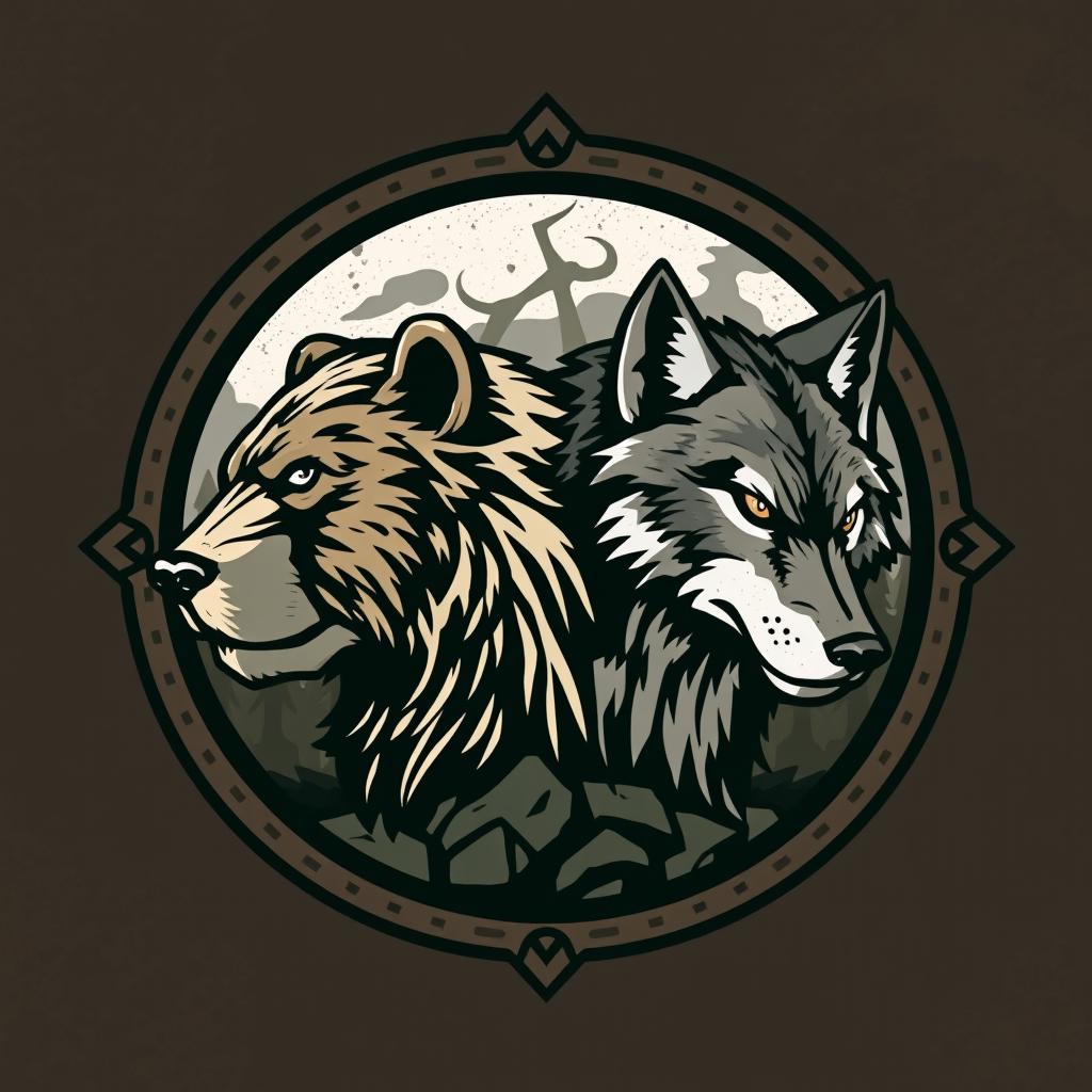 An emblem representing a medieval civilization or kingdom of savages, featuring the majestic head of a bear and the fierce head of a wolf, each looking in opposite directions