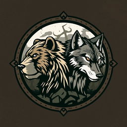 An emblem representing a medieval civilization or kingdom of savages, featuring the majestic head of a bear and the fierce head of a wolf, each looking in opposite directions