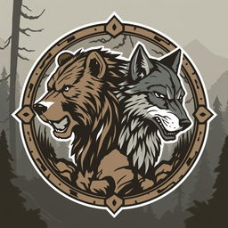 An emblem representing a medieval civilization or kingdom of savages, featuring the majestic head of a bear and the fierce head of a wolf, each looking in opposite directions