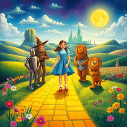 An enchanting illustration inspired by 'The Wizard of Oz,' featuring a magical landscape filled with vibrant colors