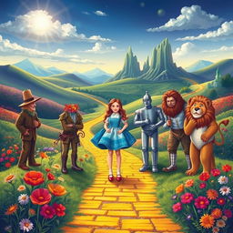 An enchanting illustration inspired by 'The Wizard of Oz,' featuring a magical landscape filled with vibrant colors