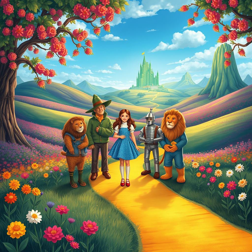 An enchanting illustration inspired by 'The Wizard of Oz,' featuring a magical landscape filled with vibrant colors