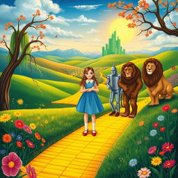 An enchanting illustration inspired by 'The Wizard of Oz,' featuring a magical landscape filled with vibrant colors