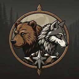 An emblem depicting a medieval civilization or kingdom of savages, featuring a semirealistic design of the heads of a bear and a wolf looking in opposite directions