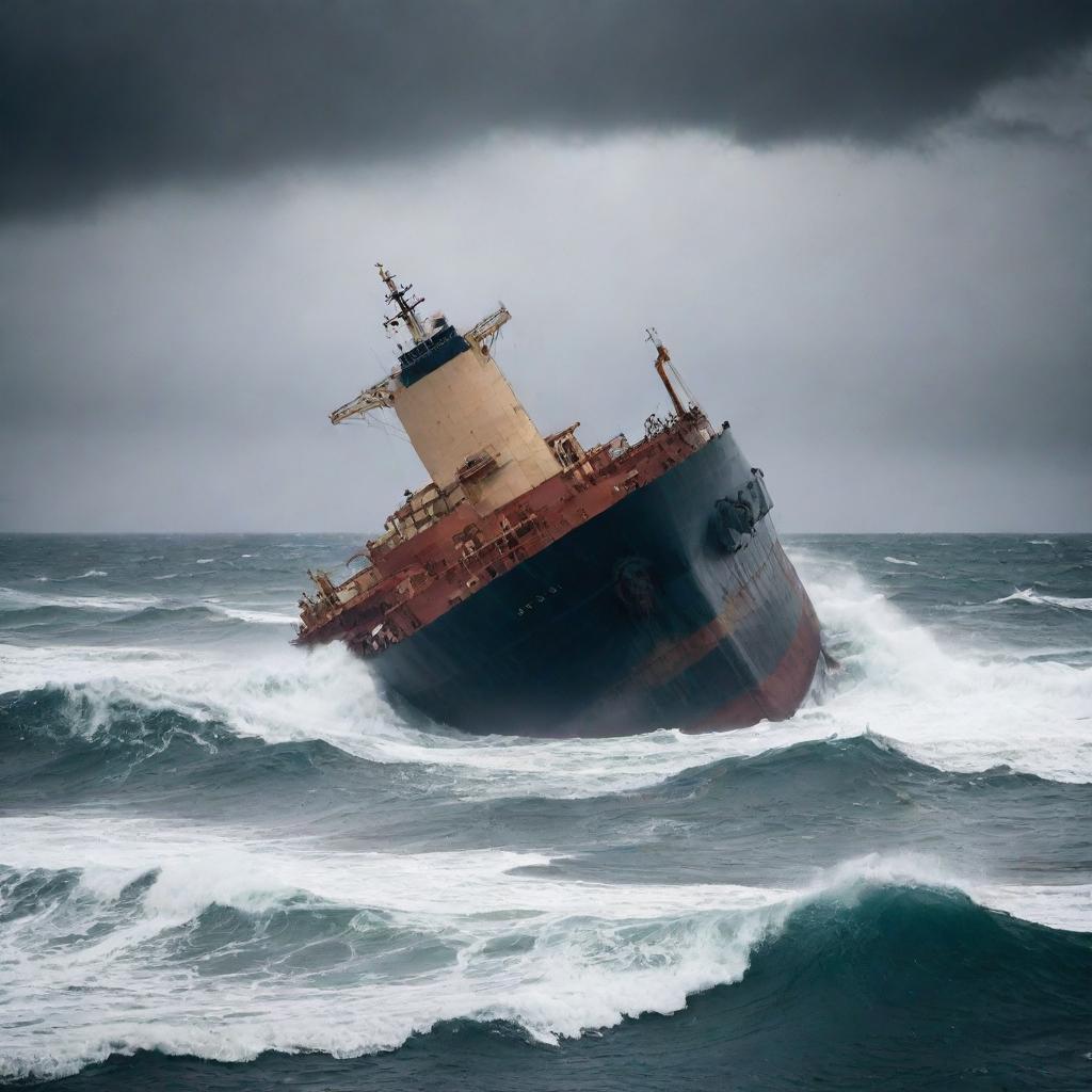 A dramatic scene of a sinking tanker amidst a troubled sea. The ship, partially submerged, is surrounded by heaving waves under an overcast sky, amplifying the tension and chaos of the moment.